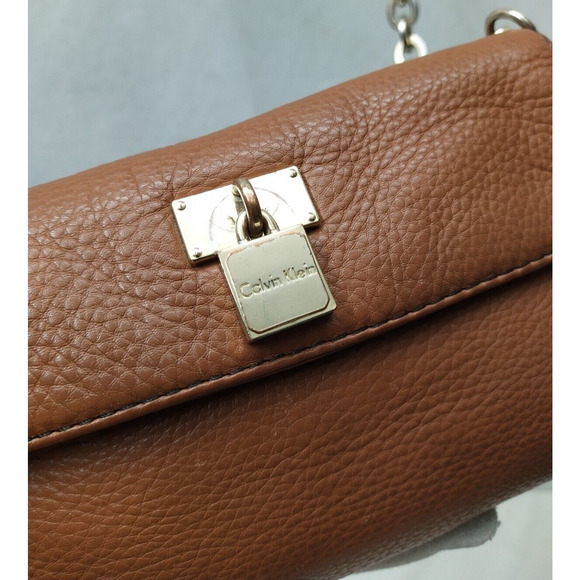 Calvin Klein Brown Pebbled Leather Chain Strap Flap Closure Small Crossbody Bag - Picture 15 of 16